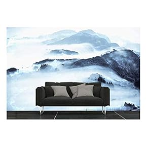 Large Wall Mural - Black and White Landscape with Mountains in The Fog | Self-Adhesive Vinyl Wallpaper/Removable Modern Wall Decor - 66x96 inches