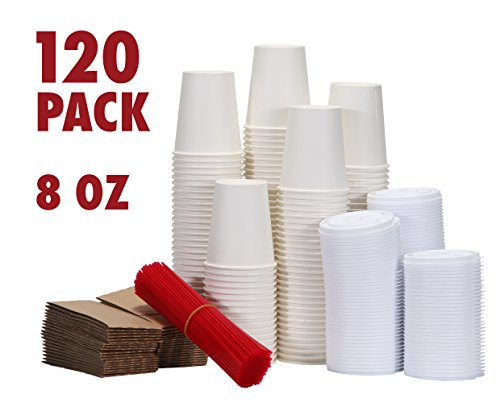 120 Paper Coffee Hot Cups with Lids, Stirrers, Sleeves, Disposable Travel Cups - 8oz 10oz 12oz or 16 ounces - Great for Office, Car, Hot Beverage To Go Cup Mug, White Paper Cup (White Lids, 8 Ounces)