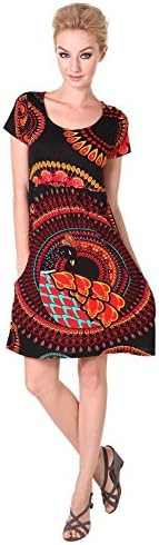 Chic Mariposa Colorful Printed Peacock Mandala Knee Length Women's Summer Dress - Orange - L
