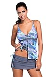 Women's Summer V-Neck Tankini Two-Piece Skirtini Swimsuits Swimwear Bikini Set Blue Grey L