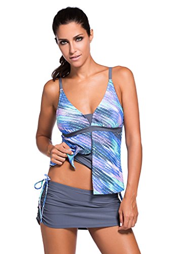Women's Summer V-Neck Tankini Two-Piece Skirtini Swimsuits Swimwear Bikini Set Blue Grey L Women's Summer V-Neck Tankini Two-Piece Skirtini Swimsuits Swimwear Bikini Set Blue Grey L