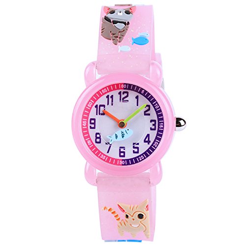 Venhoo Kids Watches Cartoon Waterproof Silicone Children Wristwatches Time Teacher Gifts for Boys Girls (Pink Cat Finish)