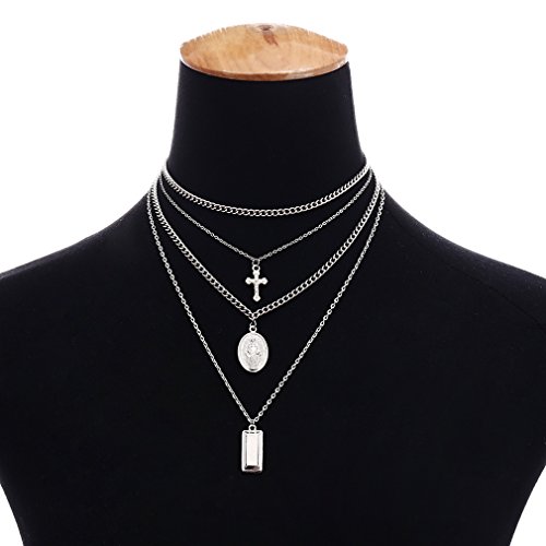 Dolland Bohemian Retro Carved Coin Bullion Virgin Mary Cross Pendant Clavicle Necklace Multi-Layer Bead Chain Necklace,Sliver Bullion