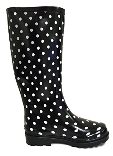 G4U Women's Rain Boots Multiple Styles Color Mid Calf Wellies Buckle Fashion Rubber Knee High Snow Shoes (8 B(M) US, Black Polka Dots)