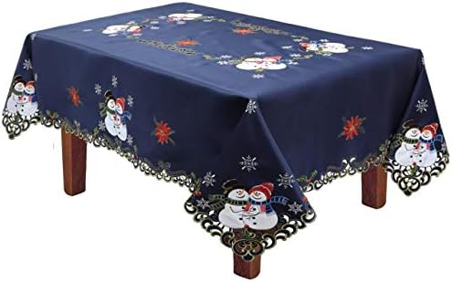 Creative Linens Holiday Christmas Tablecloth 70x90 with 8 Napkins Embroidered Snowman Snowflake Poinsettia Winter Table Linen Rectangular Blue Gold