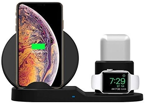 3 in 1 Wireless Charger Stand QI Wireless Charging Dock Station (10W/7.5W) Fast Wireless Charging for Apple Watch Series 4/3/2/1, iPhone Xs/XS MAX/XR/X/8/8 Plus, AirPods (Black)