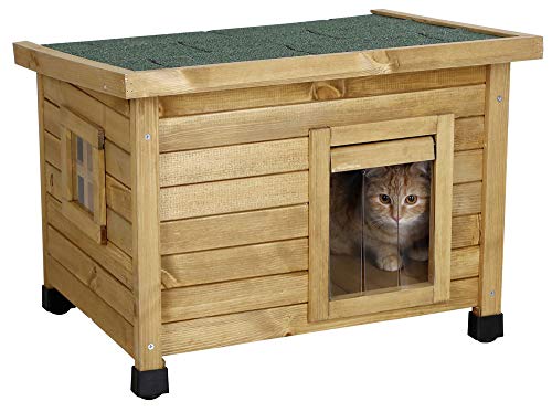 Kerbl Katzenhaus Rustica aus Holz, Schwingtüre mit Lamellen, Plexiglasfenster, Höhenverstellbare KunststofffüÃe, Braun/Grün, 57 x 45 x 43 cm