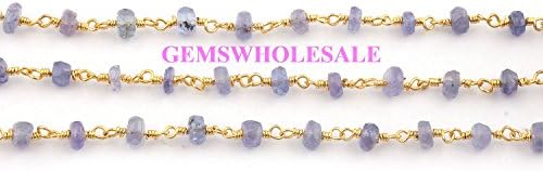 Christmas Sale 5 Feet Tanzanite 3.5-4mm Beads Rosary Style Beaded Chain - Tenzanite Beads Wire Wrapped 24k Gold Plated Chain Powered by GEMSWHOLESALE