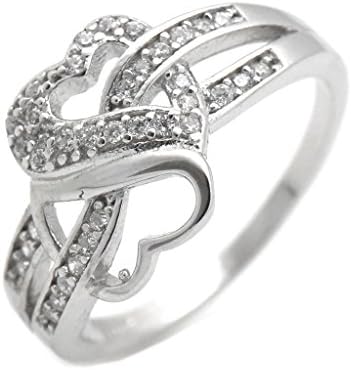 Womens 925 Sterling Silver Promise Engagment Wedding Ring Band Double Heart CZ Size 6