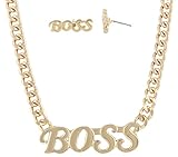 Goldtone Script Boss Pendant with an 18 Inch Cuban Chain Necklace & Matching Stud Earrings Jewelry Set