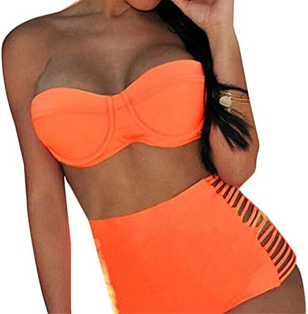 DFG32sf21 Women's Padding Swimsuit Strapless Cut Out Bikini Set OrangeUS Small