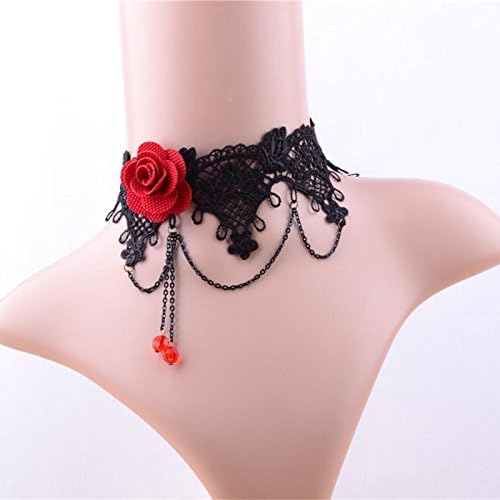 Lvxuan NEW Lastest Trendy Fashion Black Openwork Lace with Red Rose &amp; Bead Statement Crystal Pendant Necklace for Women &amp; Bride Jewelry in Party