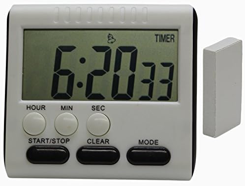 Hour Minute Second Count Up Countdown Digital Kitchen Timer, Big Digits, Loud Alarm, Magnetic Backing, Retractable Stand, White black