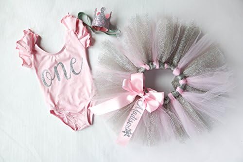 Personalized, Pink and Glitter Silver Personalized First Birthday Outfit for Baby Girls, Including Party Crown Headband, Tutu, and a Birthday Leotard, Cake Smash 1st Birthday