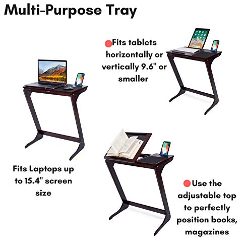 Sofia + Sam Sofa Side Table TV Tray Tablet Phone Slots | Wooden Z Legs | Couch Console Lapdesk | Adjustable Top Table | Laptop Stand | Small Breakfast Eating Food | Dinner Lunch Snack Reading