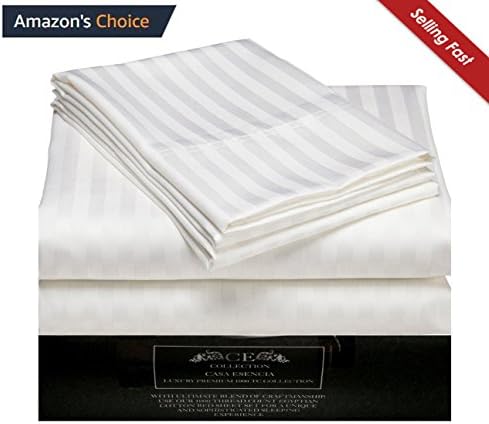 CE CASA ESENCIA Casa Esencia 100% Egyptian Cotton Striped Deep Pocket Bed Sheet Set - 1000 Thread Count Sateen Luxury Bedding - 4 Piece (White, King)