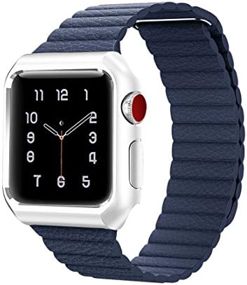 Sworddy for Apple Watch Leather Band, Magnetic Clasp Genuine Leather Loop Band with Built-in Shockproof Protective Stainless Steel Bumper Case for Apple Watch Series 3 / 2 / 1 [42MM Blue]