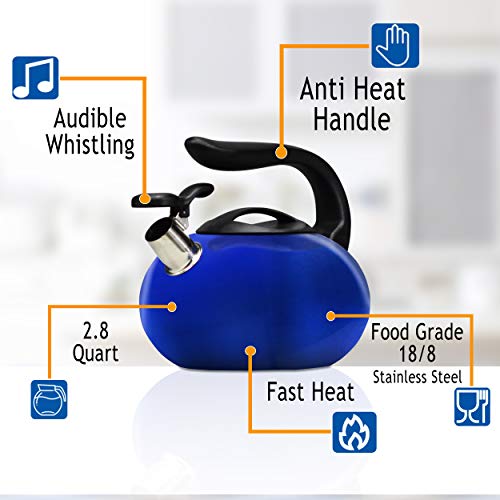2.8 Quart Tea Kettle, Food Grade Tea Kettles Stovetop, Whistling Tea Pots for Stove Top, Anti-Rust Stainless Steel Water Kettle with Thumb Press Cover and Lid, 12 Cup Blue Tea Kettle Pot