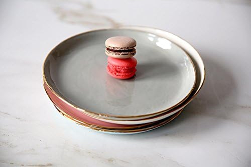Gray, white, pink and light blue modern porcelain and 14K gold rim small plates set of 4 for a serving of salad, dessert, cheese or fruits by SinD studio