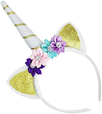 Unicorn Headband Horn Flowers Ears Headbands Gold Glitter Hair Hoop Girls Kids Party Decoration Rhinestone Crystal Headdress Cosplay Costume Headwear Halloween Makeup Spiral Crown Handmade Headpiece
