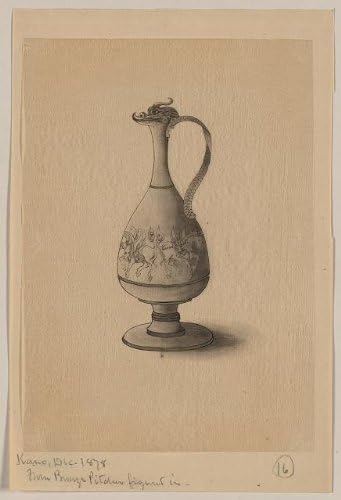 1878 Japanese Print . Dragon-headed bronze pitcher with horse motif