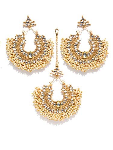 Joyeria Zircon Fashion Indian Jadau Pearl Beads Pearl Big Maang Tikka & Earrings Set Bollywood Pakistani Forehead Jewelry