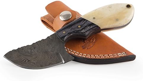 Knives Ranch Damascus Steel Knives 7" Fixed Blade Knife – Bone Handle with wood bolster INCLUDES: Leather Vertical Belt Loop Sheath