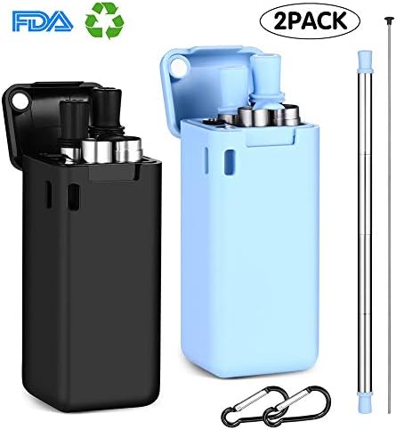 2 Pack Collapsible Reusable Straws Stainless Steel Drinking Straws Premium Food-Grade Foldable Silicone Straw with Case 2 Keychains & Cleaning Brushes for Party,Travel,Household,Outdoor (Black&Blue)