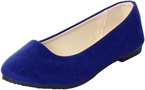 UJoowalk Womens Casual Simple Comfort Solid Color Pointed Toe Suede Leather Ballet Walking Slip on Flat Shoes (7 B(M) US, Matte Blue)
