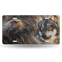 XINGCHENSS 4 Hole Custom Cool License Plates Vanity Tag Aluminum Car Accessories Novelty Decorate License Plate Wolf Eagle Color Painting Feathers Print Decorative License Plates for Women 6x12 in