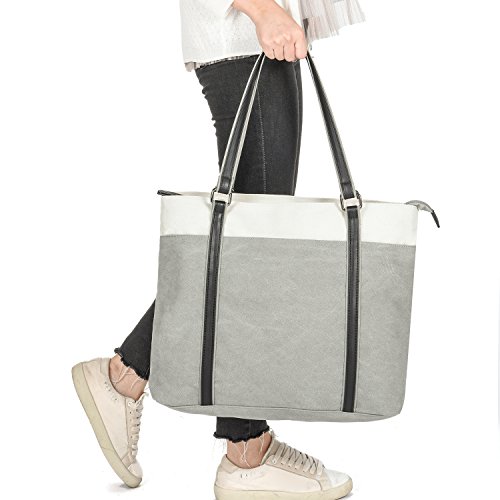 Laptop Tote Bag, GRM Canvas Shoulder Bag, Carrying Handbag for Laptop up to 15.6 inch, Travel Computer Business Office Work School, White and Gray