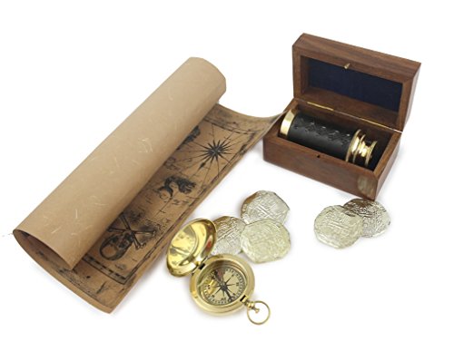 Well Pack Box Antique Brass Telescope For Adults And Kids Includes Authentic Brass Compass, 6 Plastic Golden Doubloons, Smooth Durable Telescope Case, and Real World Brown Paper Pirate Map