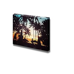 Tropical Beach with Palm Trees and Umbrellas Silhouettes...
