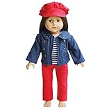 Jeans Doll Outfit for 18 inch Dolls - Denim Jacket with Striped Tee, Red Pants and Hat Fits 18 Inch Dolls - American Girl Doll Clothes