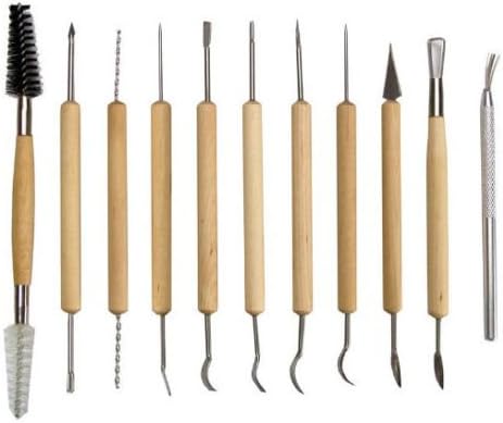 Set (11Pcs) of Pottery Tools Stainless steel Wood Handle, Clay Sculpting Set Wax Carving Pottery Tools and Supplies Shapers Polymer Modeling Craft Needs, 11-Piece Professional Set