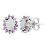 Sterling Silver Created White Opal & Amethyst CZ Oval Stud Earrings