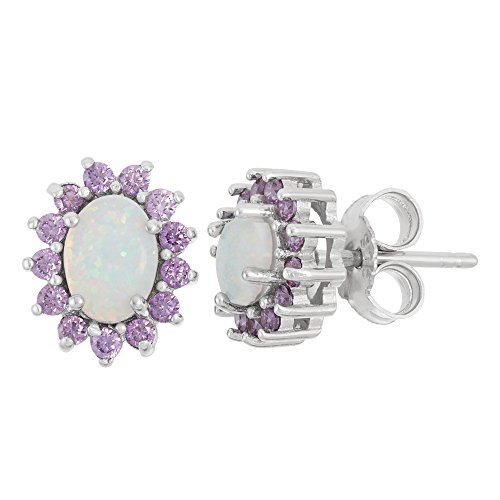 Sterling Silver Created White Opal & Amethyst CZ Oval Stud Earrings