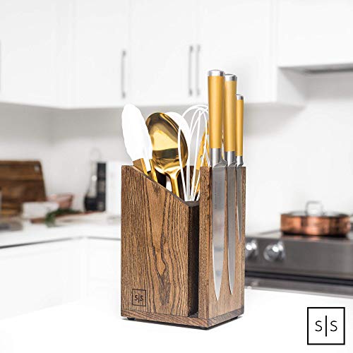 Magnetic Knife Holder and Utensil Caddy 2 in 1, Brown, Dual Purpose Design - Universal Knife Block without Knives and Wood Utensil Holder with a Farmhouse Utensil Holder Style
