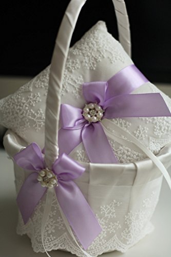Alex Emotions | Lace Collection | Ivory Lilac Lavender Ring Bearer Pillow & Wedding Basket Set - Thumbnail 3