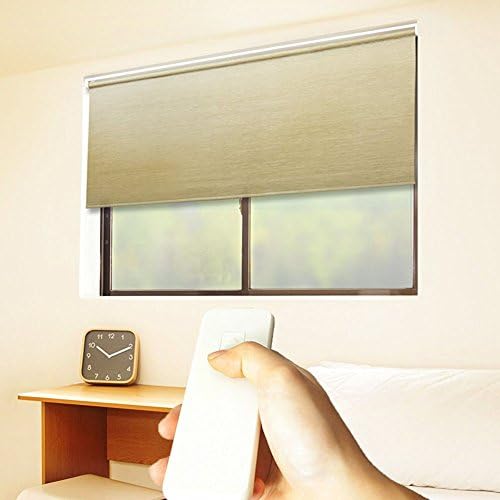 Godear Design Cordless Roller Window Shades, Motorized-Remote, Natural Woven - 33" W x 72" H, Gray-Green
