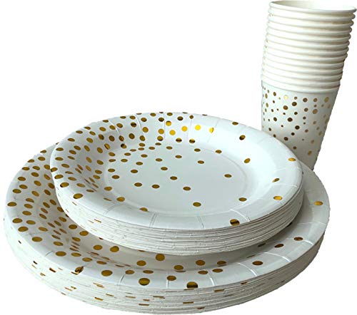 Disposable Plates - Serves 24-72 Piece White Paper Party Plates and Cups Set with Gold Foiled Confetti Polka Dots Party Supplies - 9" Plates, 7" Plates, 9oz Cups for Birthday Baby Shower - Thumbnail 4