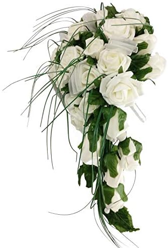 Teardrop Shower Bouquet with Roses and Grass for Wedding Brides Posy [Ivory]