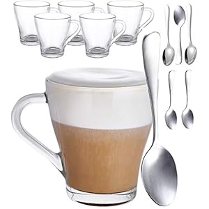 6 Cappuccinoglazen met handvat en lepel – 250 ml – Houdt lang warm – Ideaal formaat voor volautomatische koffiemachines…