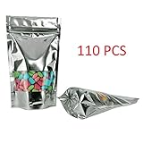 Bellvy 110 Smell Proof Bags 4x6 Inch Mylar Bags Silver with WIndow Food Safe Resealable Bags Stand Up Pouches for Sample Bags Coffee Bags Cookie Bags Mylar Bags For Food Storage