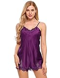 Ekouaer Women’s Sleepwear Sexy Satin Lace Romper Jumpsuit Short Pajama Set