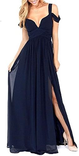 Womens Off-shoulder Backless Deep V-neck Maxi Evening Dress L Navy