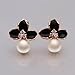 10mm Simulated Pearl Stud Earrings with Zircon Rhinestone Black Flower for Women