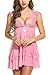 Avidlove Women Sexy Babydoll Two Pieces Nightwear Mesh Lace Lingerie Set Pink XXL