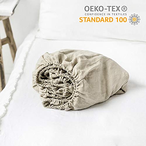 King Linens 100% Linen Fitted Sheet Solid Color Stone Washed Simple Soft Farmhouse (Queen, Linen) - Thumbnail 6