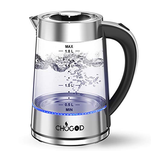 Electric Kettle, 1500W Tea Kettle 1.8L Cordless Water Heater, Stainless Steel Glass Water Boiler With LED Blue Light Borosilicate Glass, BPA-Free Auto Shut-Off & Boil-Dry Protection